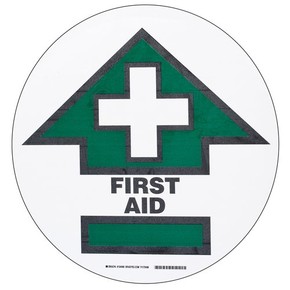 Табличка напольная first aid Brady наполная самоклеющаяся с надписью,материал в-534,цвет и мм, зеленый на белом,черный, 431.8